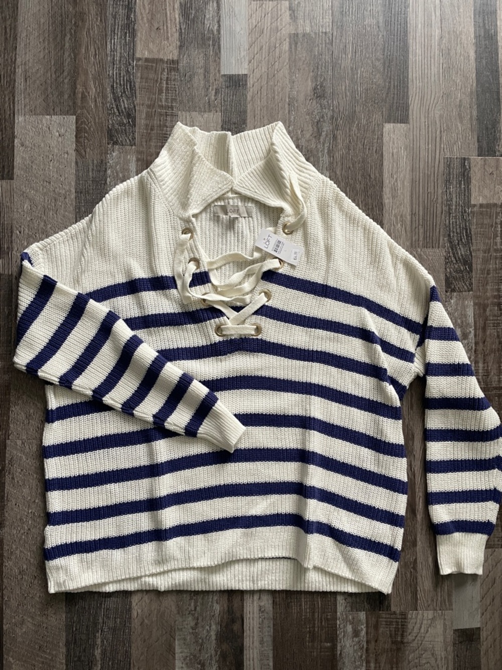 LOFT Cream & Navy Striped Lace-Up Turtleneck Sweater